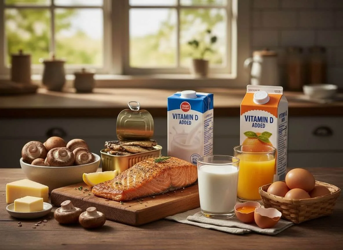 Colorful spread of vitamin D rich foods including salmon, sardines, eggs, UV-exposed mushrooms, cod liver oil, and fortified orange juice.
