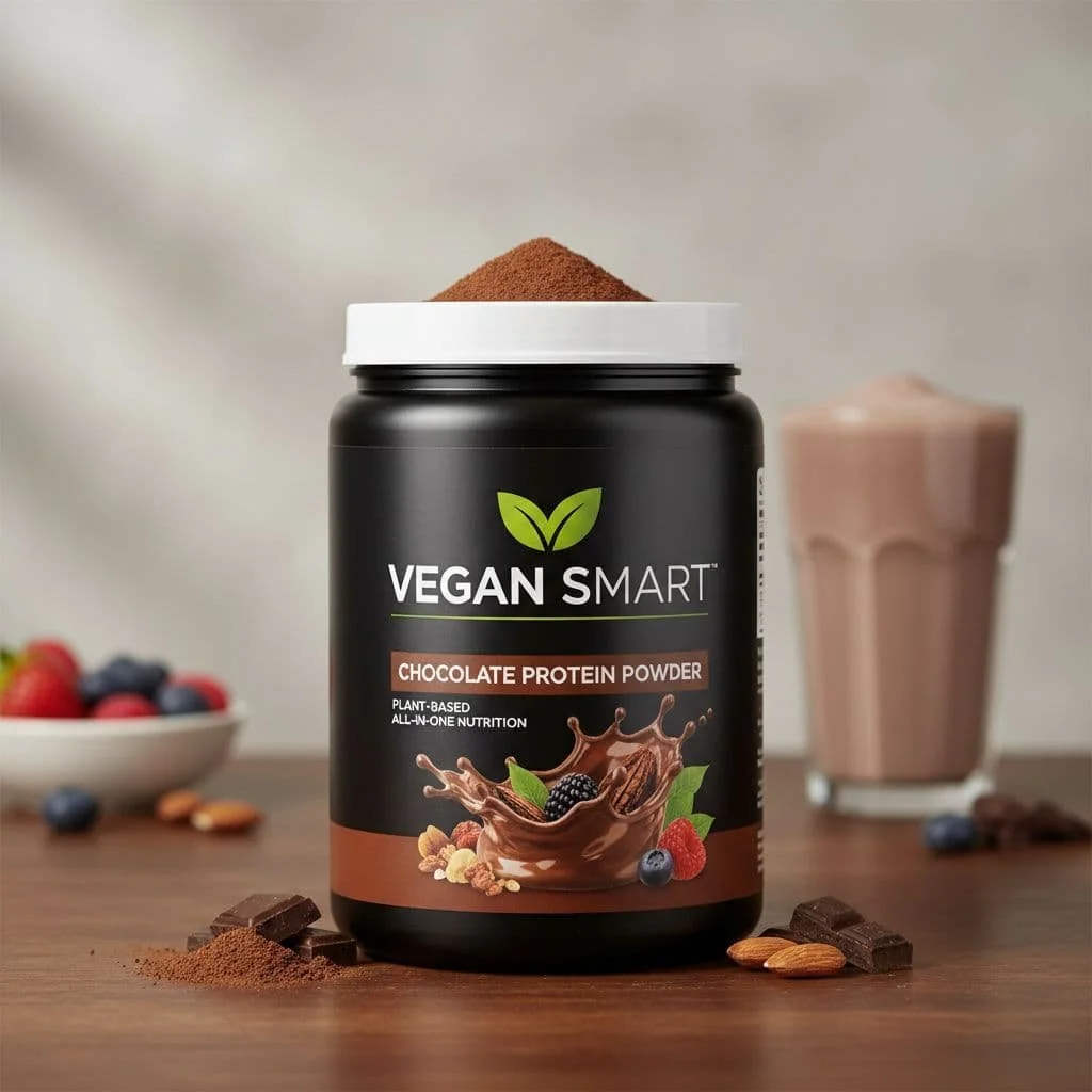 Creamy vegan chocolate protein shake in a glass with coconut cream