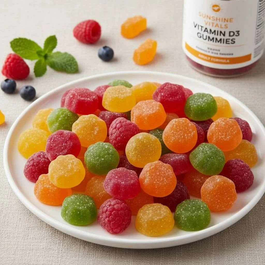 Colorful gummy vitamins in a glass jar on a kitchen counter; Vitamin D3 gummy bottle on a sunny windowsill; Turmeric and ginger gummies on a soft surface