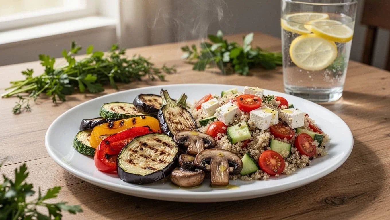 Vegetarian dinner plate with grilled vegetables and quinoa salad